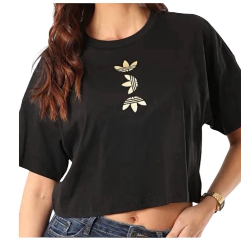 ADIDAS Originals Cropped Boxy Tee Small Black Gold Embroidered Trefoil